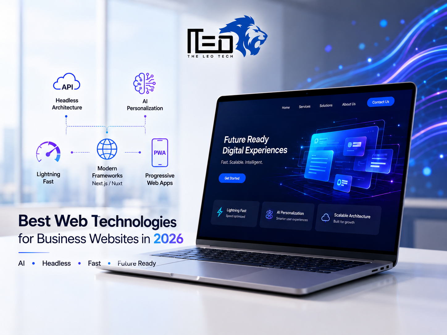 Best web technologies for business websites in 2026 featuring AI personalization, headless architecture, modern frameworks, and progressive web apps