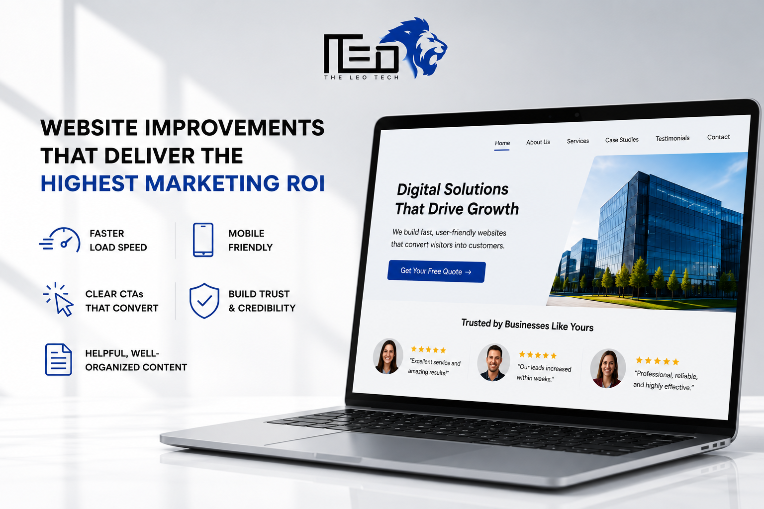 Professional promotional graphic by The Leo Tech highlighting website improvements that deliver the highest marketing ROI. The design features a laptop displaying a modern business website alongside key benefits including faster load speed, mobile-friendly design, clear CTAs, trust-building elements, and well-organized content.